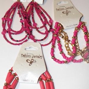 Hot Pink and Gold Beaded  Earrings and Bracelets!